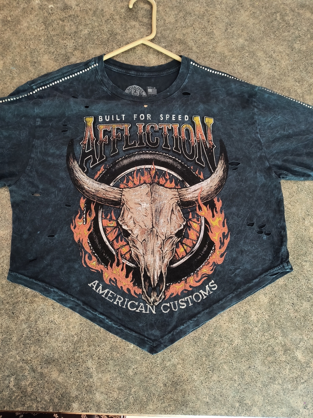 Affliction Women's Distressed Black Crop Tee with Bull Skull Graphic